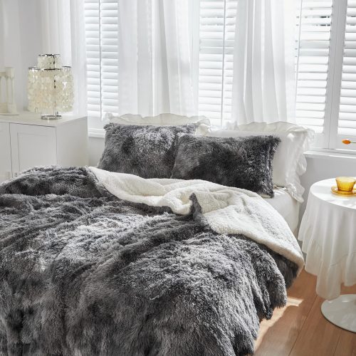 Gray long-haired faux fur duvet cover set