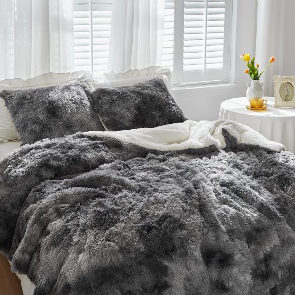 Gray long-haired faux fur duvet cover set