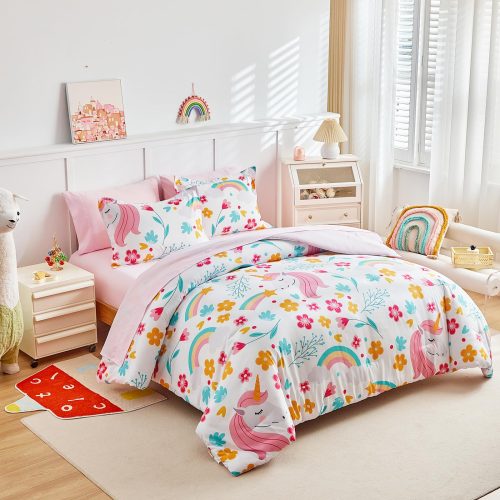 Pink Unicorn Rainbow and Floral Print Set