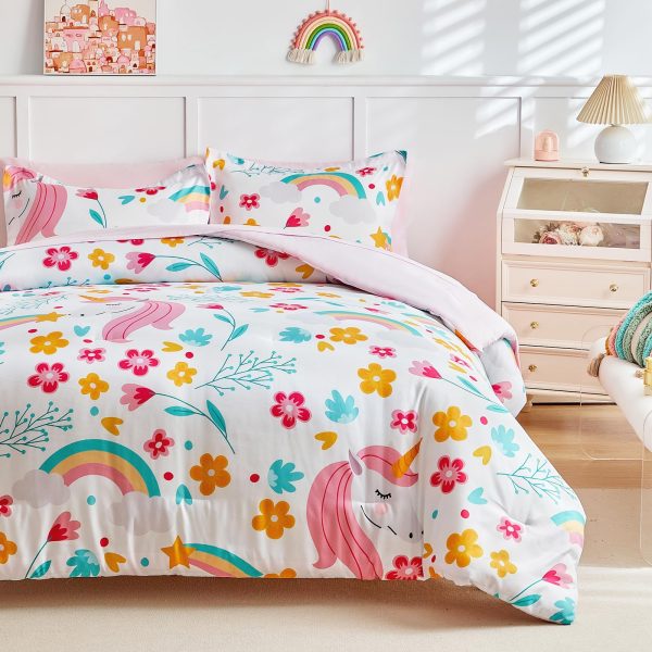 Pink Unicorn Rainbow and Floral Print Set