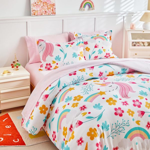 Pink Unicorn Rainbow and Floral Print Set