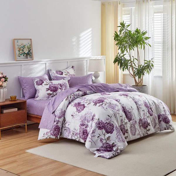 Purple rose floral print bedding set