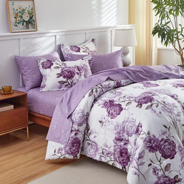 Purple rose floral print bedding set