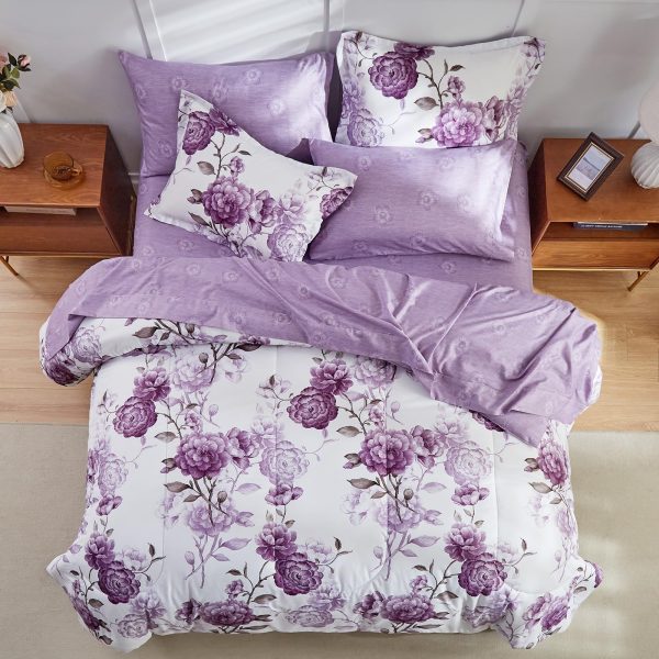 Purple rose floral print bedding set