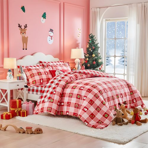 Pink Christmas plaid duvet cover set