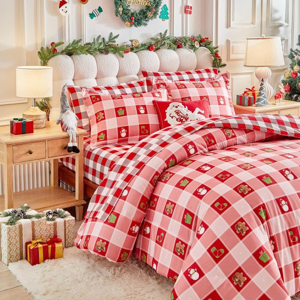 Pink Christmas plaid duvet cover set