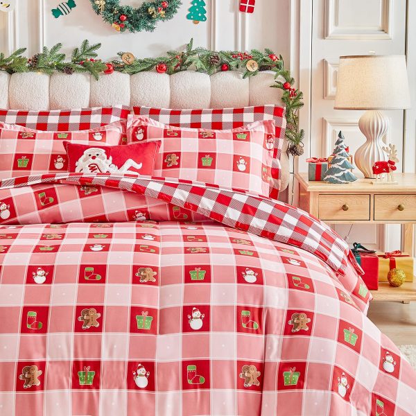 Pink Christmas plaid duvet cover set
