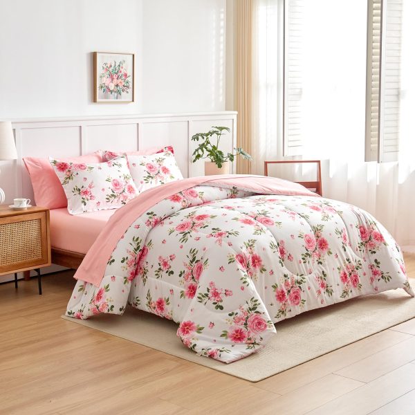 Pink rose bouquet print bedding set