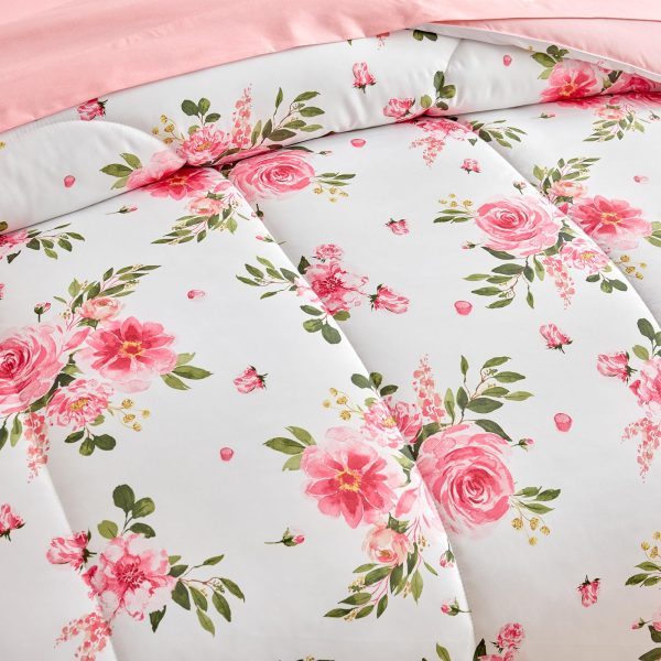 Pink rose bouquet print bedding set