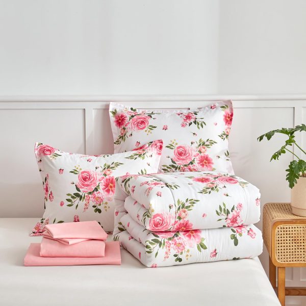 Pink rose bouquet print bedding set