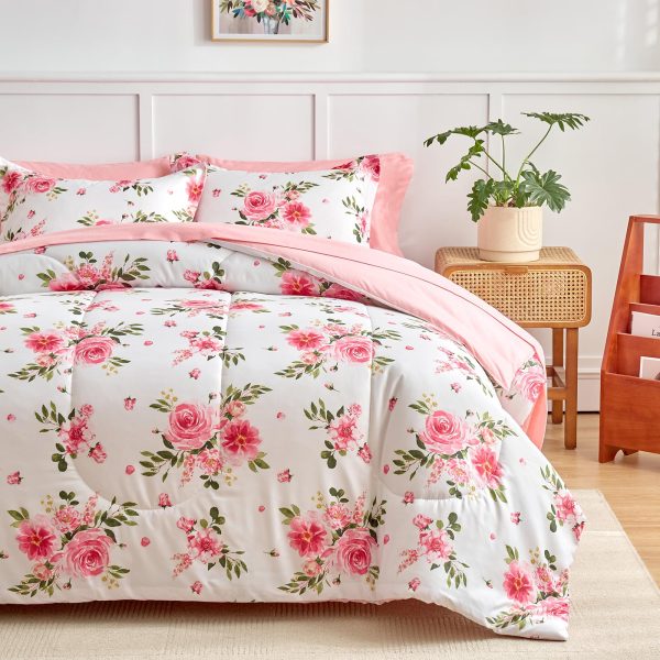 Pink rose bouquet print bedding set