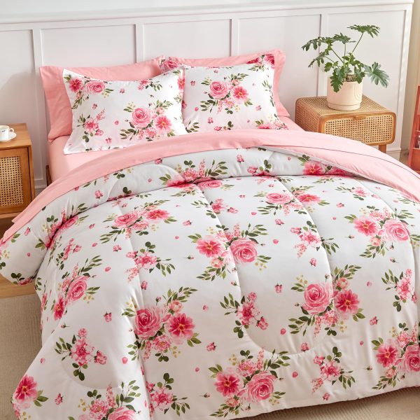 Pink rose bouquet print bedding set