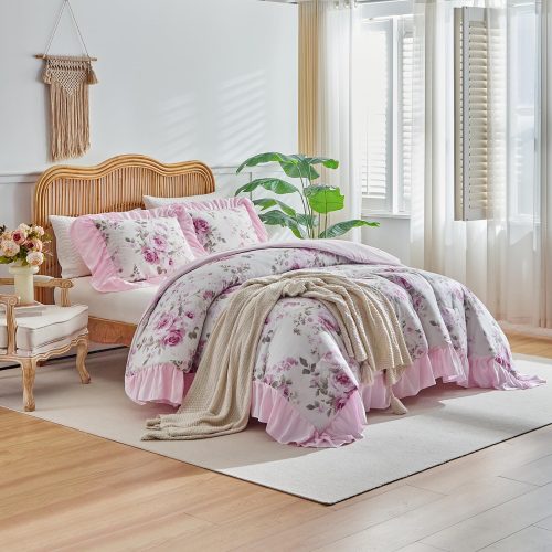 Pink floral ruffled duvet cover set