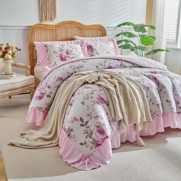 Pink floral ruffled duvet cover set