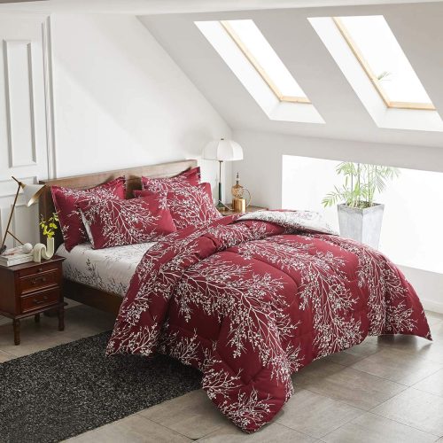 Burgundy and white botanical branch bedding set
