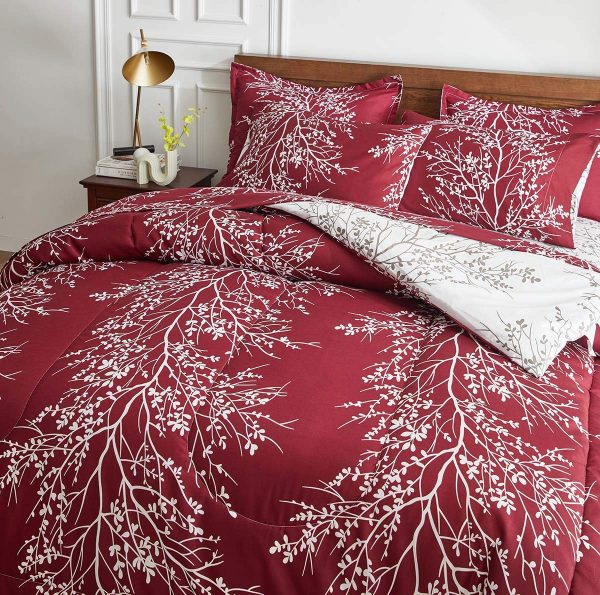 Burgundy and white botanical branch bedding set