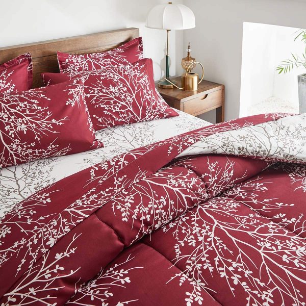 Burgundy and white botanical branch bedding set