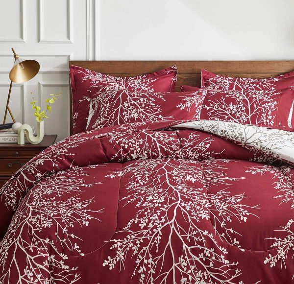 Burgundy and white botanical branch bedding set